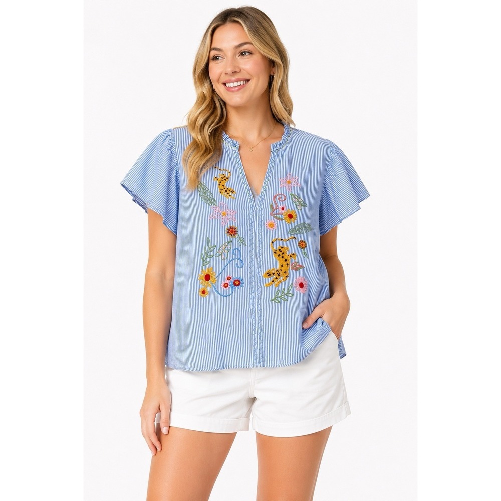 Umgee Size L Embroidered Boxy Top 100% Cotton Tiger Boho Coastal Cottagecore EUC